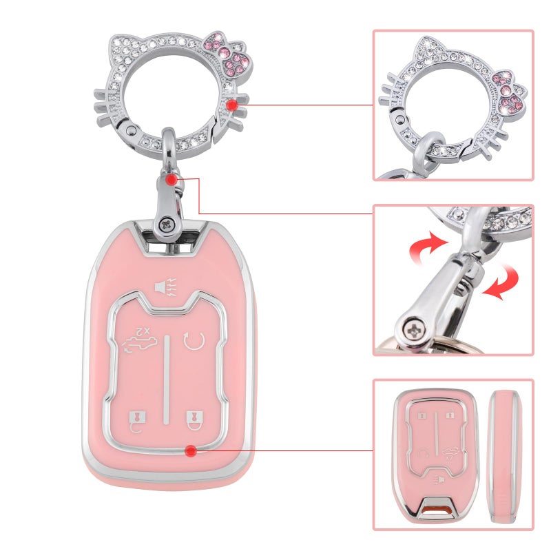 Pangpai Pink Key Fob Cover for Chevy GMC, Soft TPU Key Case Protection with Bling Keychain Fit for Silverado GMC Sierra 1500 2500HD 3500HD Terrain Acadia 5 Buttons - Image 4